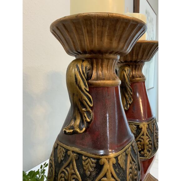 Vtg Ceramic Ornate Burgundy Red Black Gold Acanthus Leaf Pillar Candle Holders - Picture 6 of 8